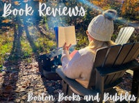 a woman sitting in a chair reading a book with the text boston books and bubbles
